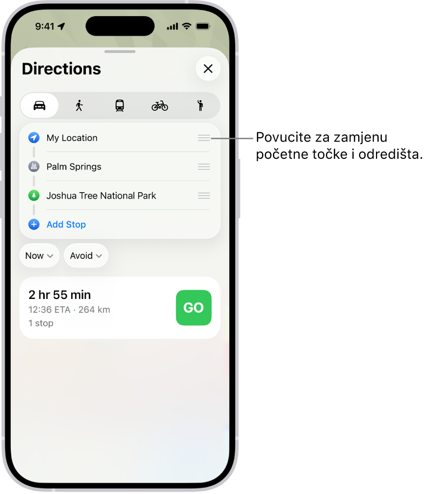 Karta s nekoliko mogućih ruta za upute za vožnju između Moje lokacije i odredišta.