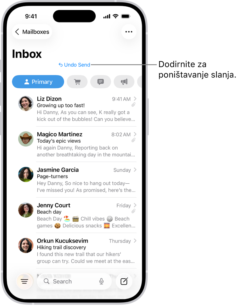 Dolazni sandučić s prikazom popisa poruka. Tipka Poništi slanje (za vraćanje nedavno poslane poruke) nalazi se po sredini dna zaslona.