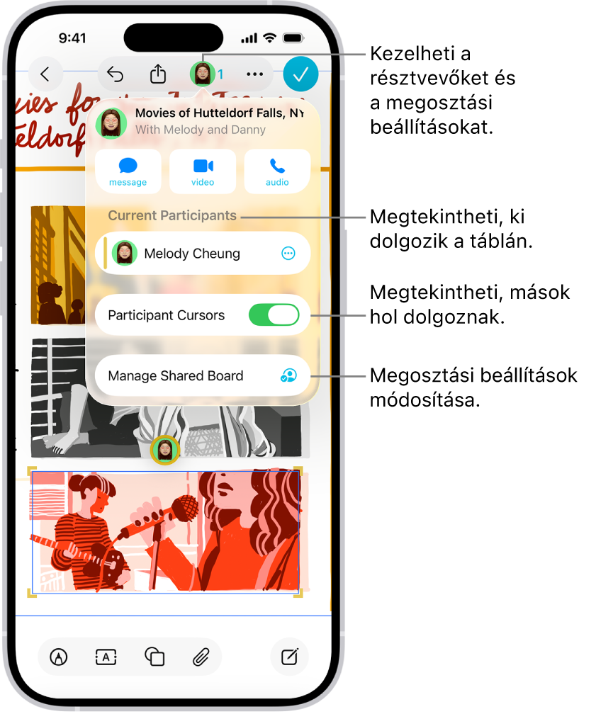 Egy iPhone-on egy megosztott Freeform-tábla látható a megnyitott együttműködési menüvel.