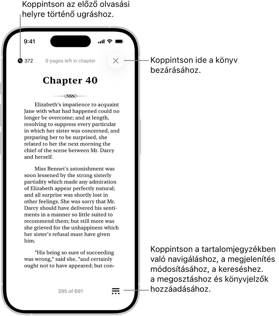 Egy könyv oldala a Könyvek appban. A képernyő tetején lévő gombok segítségével visszatérhet arra az oldalra, ahol elkezdte az olvasást, illetve bezárhatja a könyvet. A Menü gomb a képernyő jobb alsó részén található.