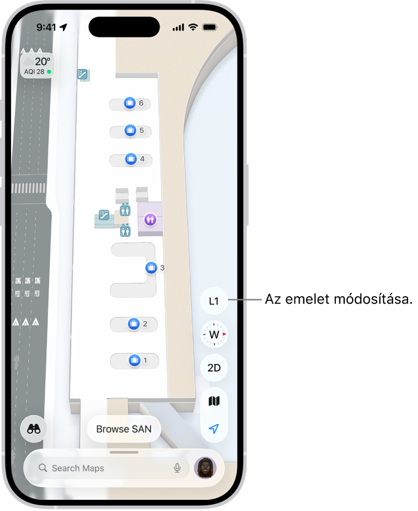 Beltéri térkép egy repülőtéri terminálról. Az elemek közt megtalálható a bevándorlási ellenőrzőpont, lépcsők, mosdók és elsősegélyhelyek. Az L1 (1. szint) gombbal módosíthatja a többszintes épületekben a szintet.