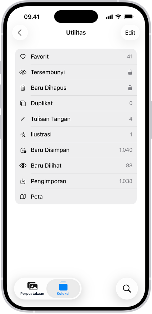 Di app Foto, koleksi Utilitas terbuka, menampilkan daftar koleksi foto.