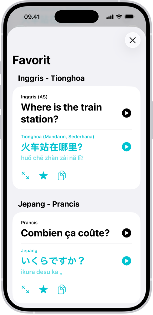 Tab Favorit, menampilkan frasa tersimpan yang diterjemahkan dari bahasa Inggris ke bahasa Tionghoa dan bahasa Prancis ke bahasa Jepang.