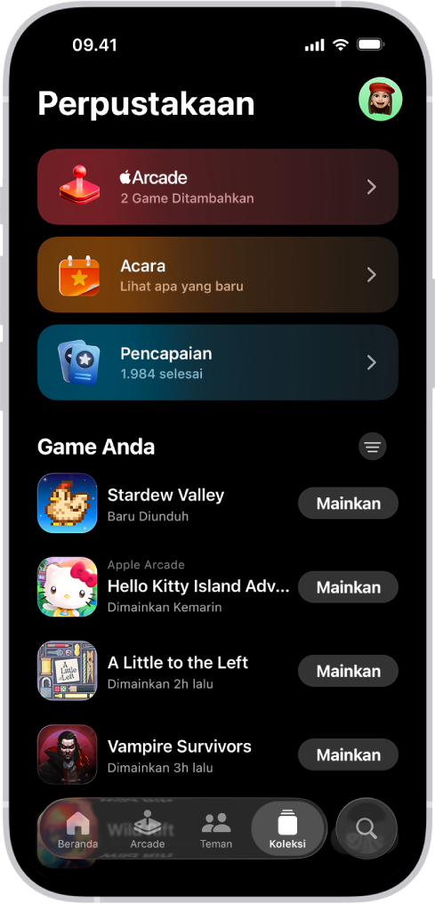 App Apple Games menampilkan tab Perpustakaan, dengan bagian untuk Apple Arcade, acara game, dan pencapaian, serta daftar yang dapat digulir berisi game yang baru dimainkan dan diunduh.