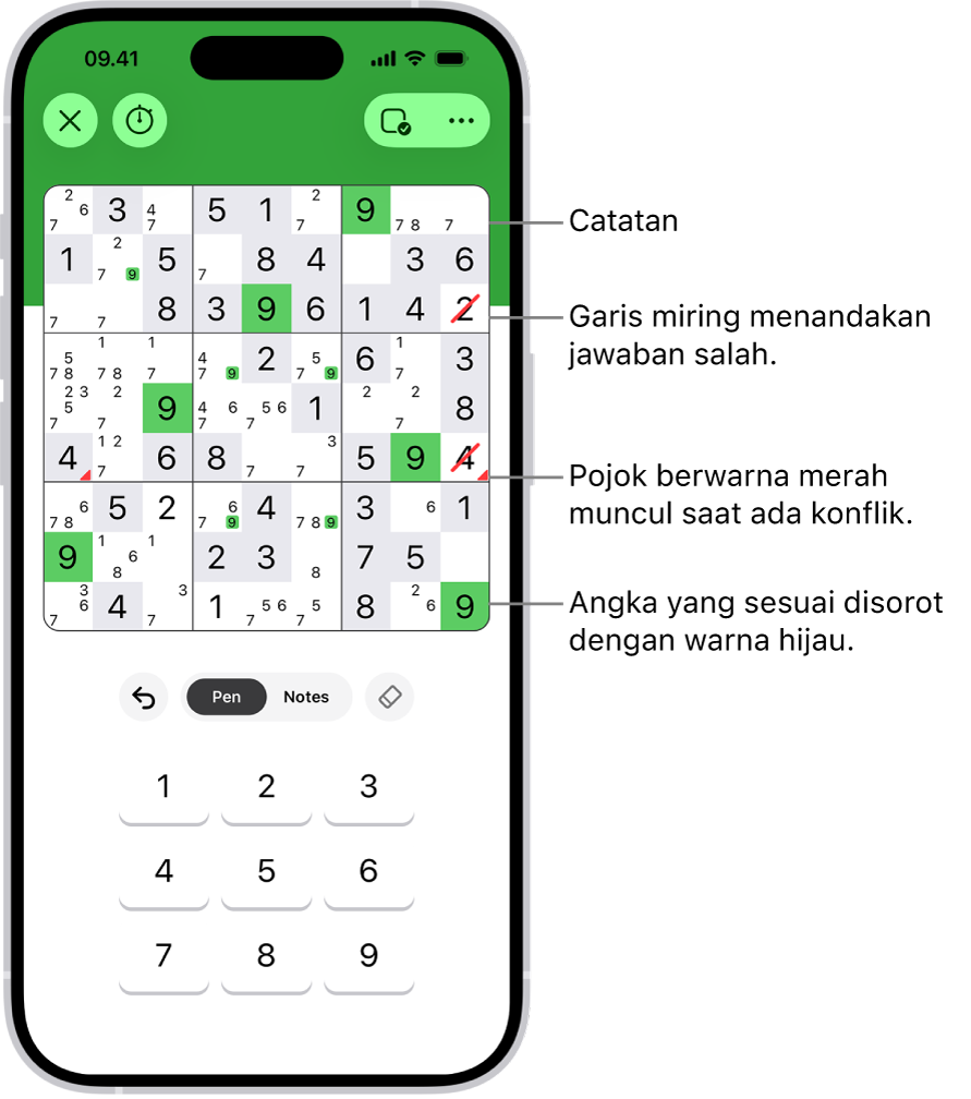 Puzzle sudoku dengan beberapa fitur yang dinyalakan: Notes, Highlight Matching Numbers, Show Conflicts, dan Autocheck.