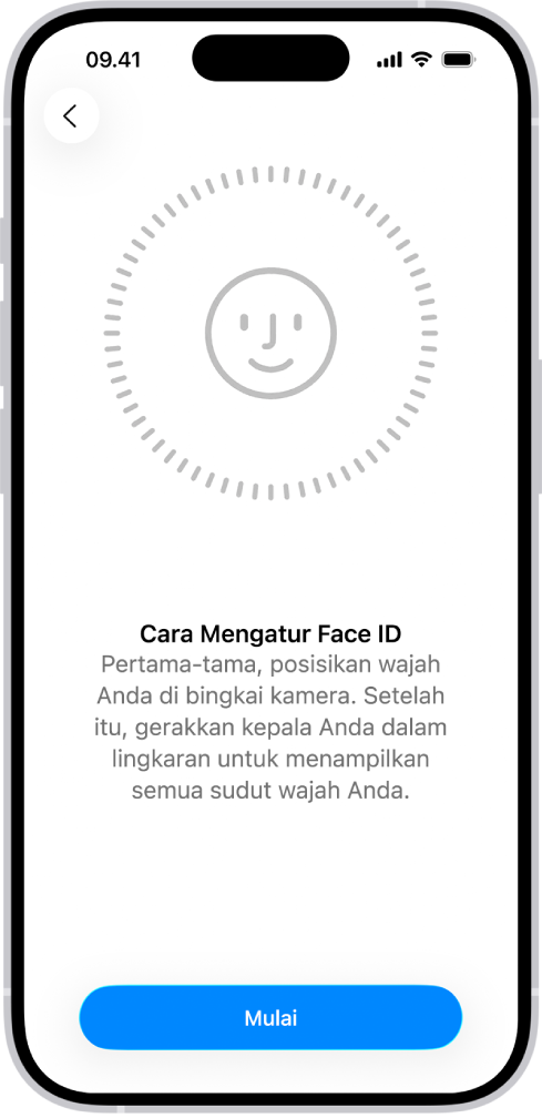 Layar pengaturan pengenalan Face ID. Wajah ditampilkan di layar, dikelilingi lingkaran. Teks di bawah wajah menginstruksikan pengguna untuk memindahkan kepalanya secara perlahan untuk melengkapi lingkaran.