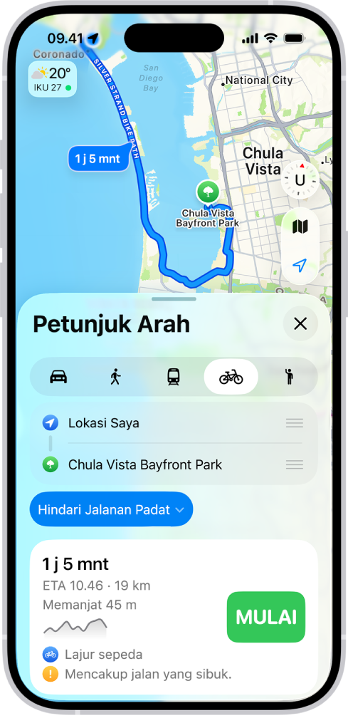 Peta menampilkan pilihan rute bersepeda. Kartu rute di bagian bawah menyediakan detail, termasuk perkiraan waktu perjalanan, perubahan elevasi, dan jenis jalan. Tombol Mulai muncul di sebelah kanan detail.