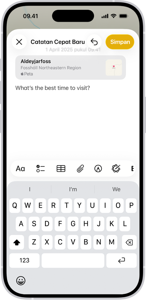 Catatan Cepat yang menampilkan tautan ke lokasi di Peta dan teks di bawahnya. Tombol Simpan berada di kiri atas.