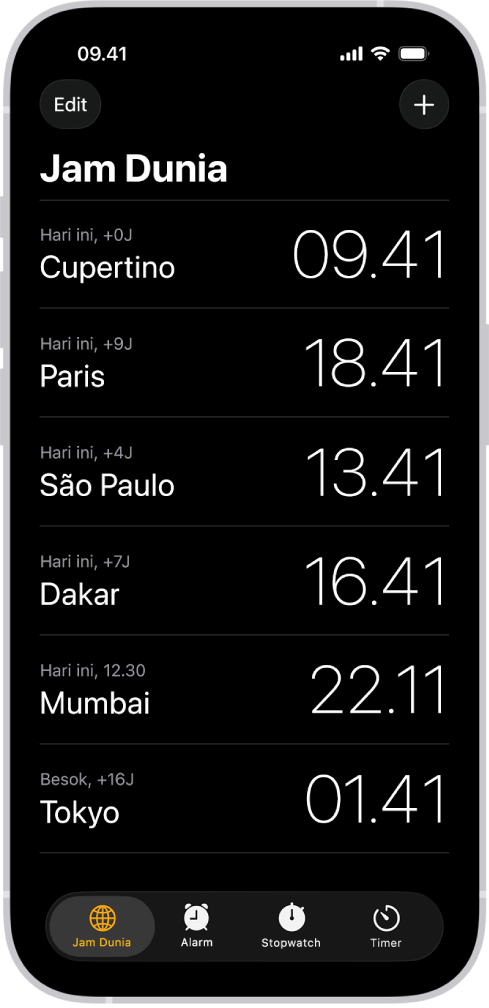 Tab Jam Dunia, menampilkan waktu di berbagai kota. Tombol Edit di dekat pojok kiri atas memungkinkan Anda untuk mengurutkan ulang atau menghapus jam. Tombol Tambah di dekat pojok kanan atas memungkinkan Anda untuk menambahkan jam lainnya. Tombol Jam Dunia, Alarm, Stopwatch, dan Timer terletak di bagian bawah.