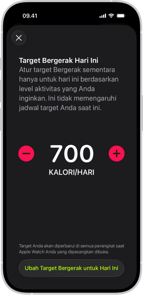 Layar Jadwal Target Bergerak Kebugaran yang menampilkan tombol untuk meningkatkan atau mengurangi target Bergerak.