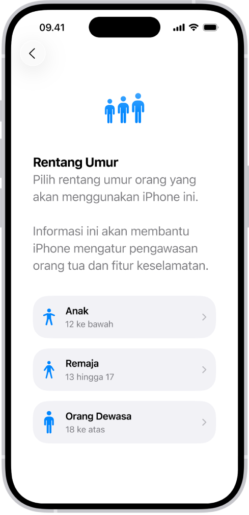 Layar pengaturan Rentang Umur. Tiga rentang umur tercantum: Anak (12 tahun ke bawah), Remaja (13 hingga 17 tahun), dan Dewasa (18 tahun ke atas).