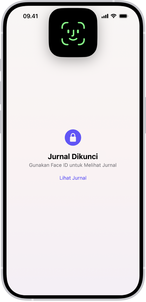 Layar yang meminta Anda untuk menggunakan Face ID untuk membuka jurnal Anda.