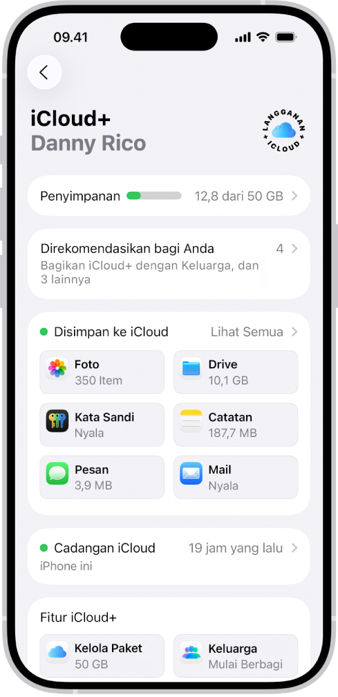 Layar pengaturan iCloud menampilkan meter penyimpanan iCloud dan daftar app dan fitur.