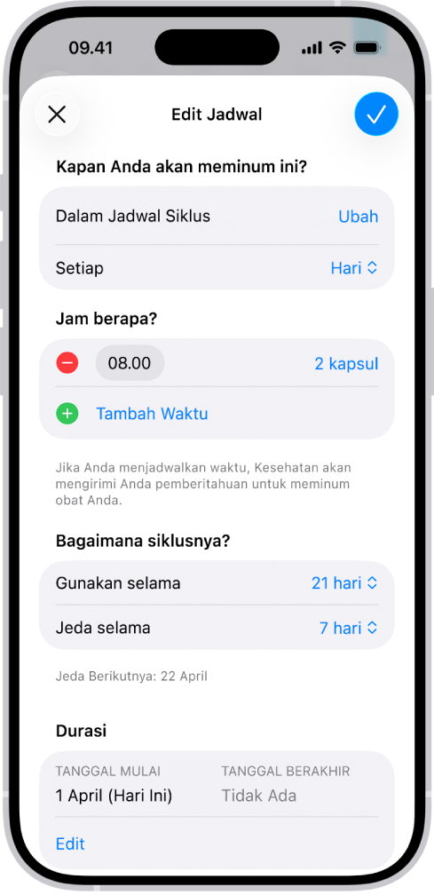 Layar Pengobatan di Kesehatan yang menampilkan pilihan untuk mengubah jadwal pengobatan.