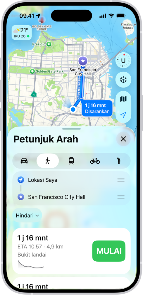 Peta menampilkan rute berjalan kaki. Kartu rute di bagian bawah menyediakan detail untuk rute, termasuk perkiraan waktu perjalanan dan perubahan elevasi. Tombol Mulai muncul di sebelah kanan detail.
