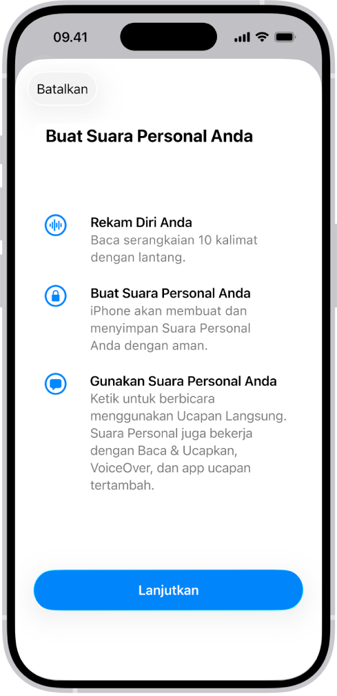 iPhone dengan informasi mengenai cara membuat Suara Personal.