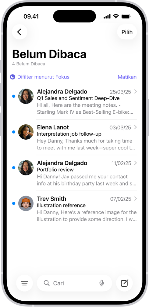 Inbox, menampilkan daftar pesan. Di atas daftar pesan terdapat label Difilter menurut Fokus, dan di sebelah kanannya tertulis Matikan.