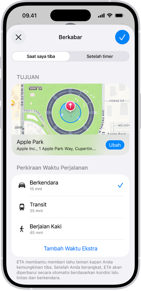 Berkabar yang menampilkan peta dan perkiraan waktu perjalanan untuk Berkendara, Transit, dan Berjalan Kaki. Di bagian bawah terdapat tombol Tambah Waktu Ekstra.