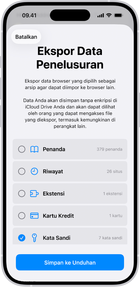 Layar Ekspor Data Penelusuran, dengan pilihan Kata Sandi yang dipilih untuk mengekspor ke pengelola kata sandi lain.