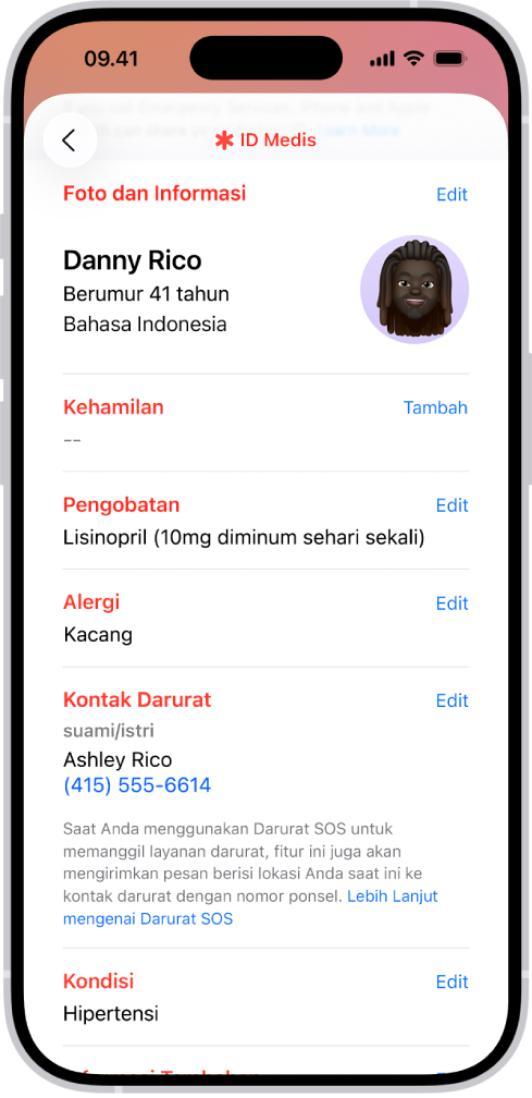 Layar ID Medis yang berisi informasi termasuk tanggal lahir, pengobatan, alergi, kontak darurat, dan kondisi medis.