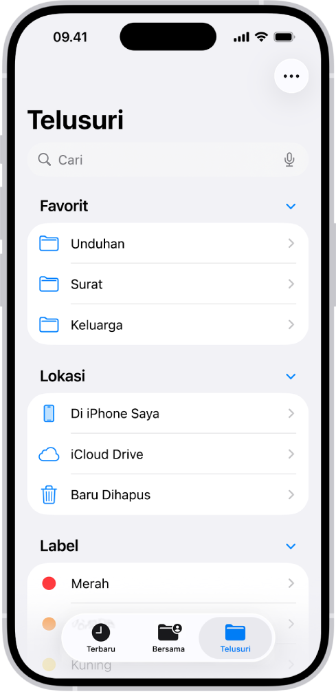 App File menampilkan beberapa folder dan lokasi bernama Unduhan, Surat, Keluarga, dan seterusnya. Di bagian bawah layar terdapat tombol untuk tab file Terbaru, file Bersama, dan Telusuri.