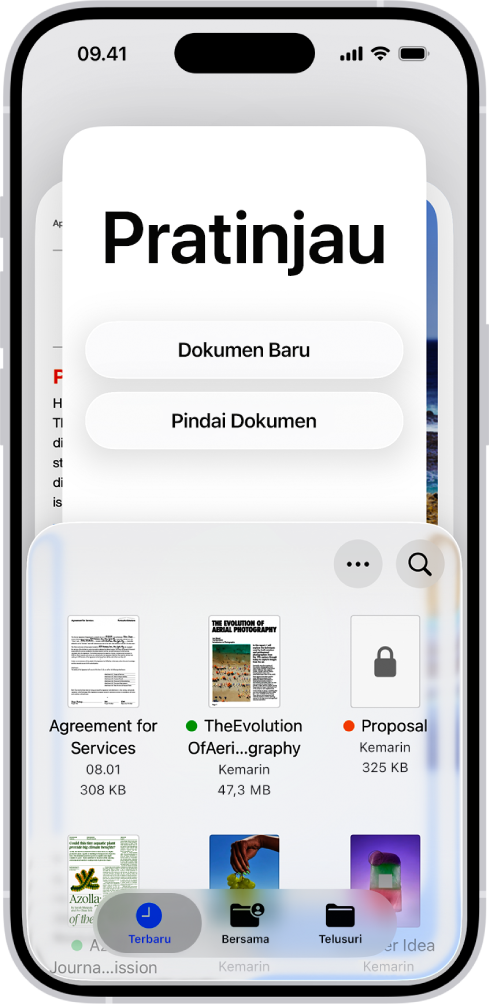 Browser Dokumen di Pratinjau. Di bagian tengah layar terdapat tombol Dokumen Baru, Pindai Dokumen, Lainnya, dan Cari. Di bagian bawah layar terdapat tombol Terbaru, Bersama, dan Telusuri.