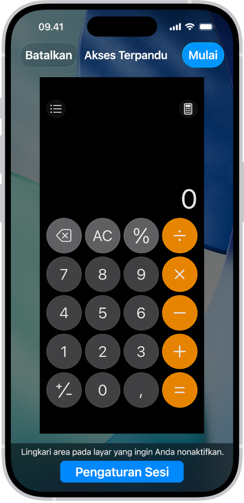 Layar iPhone yang menampilkan Akses Terpandu sedang diatur. iPhone sedang dikunci untuk sementara hanya ke app Kalkulator, dan salah satu tombol di app telah dinonaktifkan.
