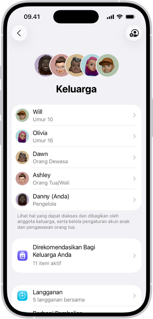 Layar Keluarga Berbagi di Pengaturan. Lima anggota keluarga tercantum. Di bawah namanya terdapat Daftar Centang Keluarga dan di bawahnya terdapat pilihan Langganan dan Berbagi Pembelian.
