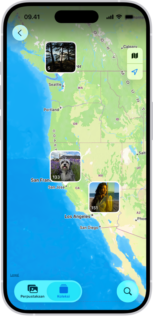 Tampilan Peta terbuka di app Foto, dengan lokasi disorot. Jumlah foto yang diambil di setiap lokasi dicantumkan.