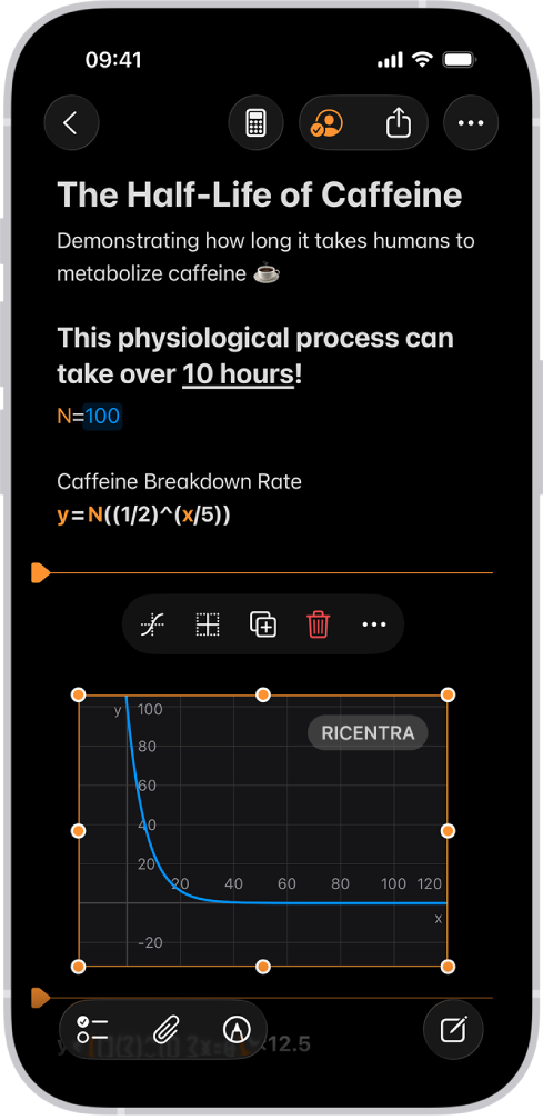 Una nota matematica aperta in Calcolatrice, con una variabile dichiarata, un’equazione e un grafico.