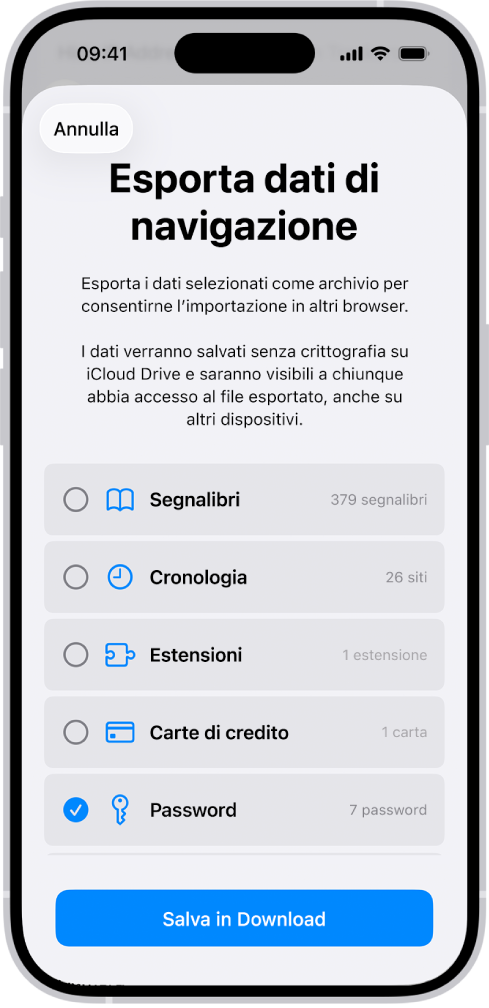 La schermata di esportazione dei dati di navigazione, con l’opzione Password selezionata per eseguire l’esportazione verso un altro gestore di password.