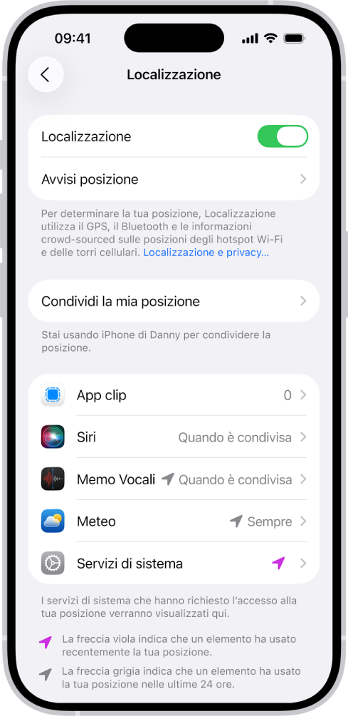 La schermata Localizzazione con le impostazioni per condividere la posizione di iPhone con altre app.
