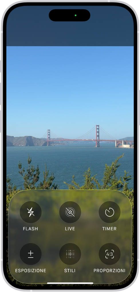 La fotocamera in modalità Foto. Nella parte inferiore dello schermo sono presenti i pulsanti dei seguenti controlli: Flash, Live, Timer, Esposizione, Stili e Aspetto.