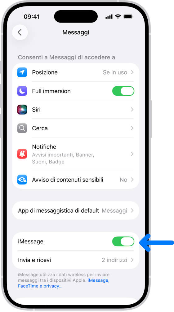 Il pannello Impostazioni di Messaggi, con iMessage attivo.