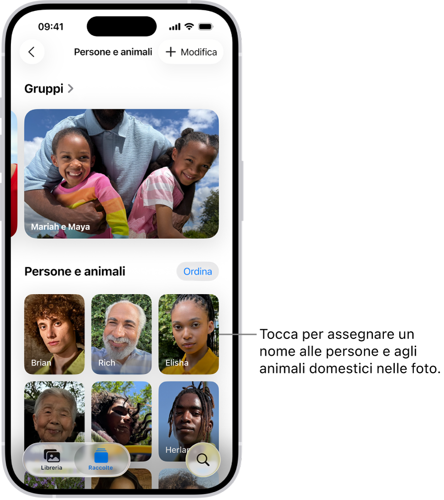 La raccolta “Persone e animali” nell’app Foto. La sezione Gruppi viene mostrata in alto, mentre le persone e gli animali domestici vengono elencati sotto.