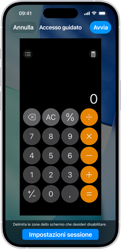 Una schermata di iPhone che mostra la configurazione di “Accesso guidato”. iPhone viene temporaneamente bloccato sull’app Calcolatrice e uno dei tasti nell’app è stato disabilitato.