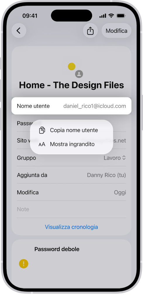 La schermata di un account che mostra il nome utente evidenziato, con opzioni per copiare il nome utente e mostrarlo in caratteri più grandi.