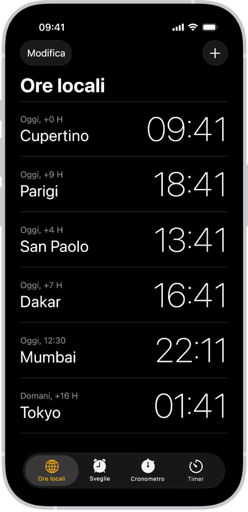 Il pannello “Ore Locali” che mostra l’ora in diverse città. Il pulsante Modifica nell’angolo in alto a sinistra ti consente di riordinare o eliminare gli orologi. Il pulsante Aggiungi nell’angolo in alto a destra ti consente di aggiungerne altri. I pulsanti “Ore locali” Sveglie, Cronometro e Timer si trovano nella parte inferiore dello schermo.