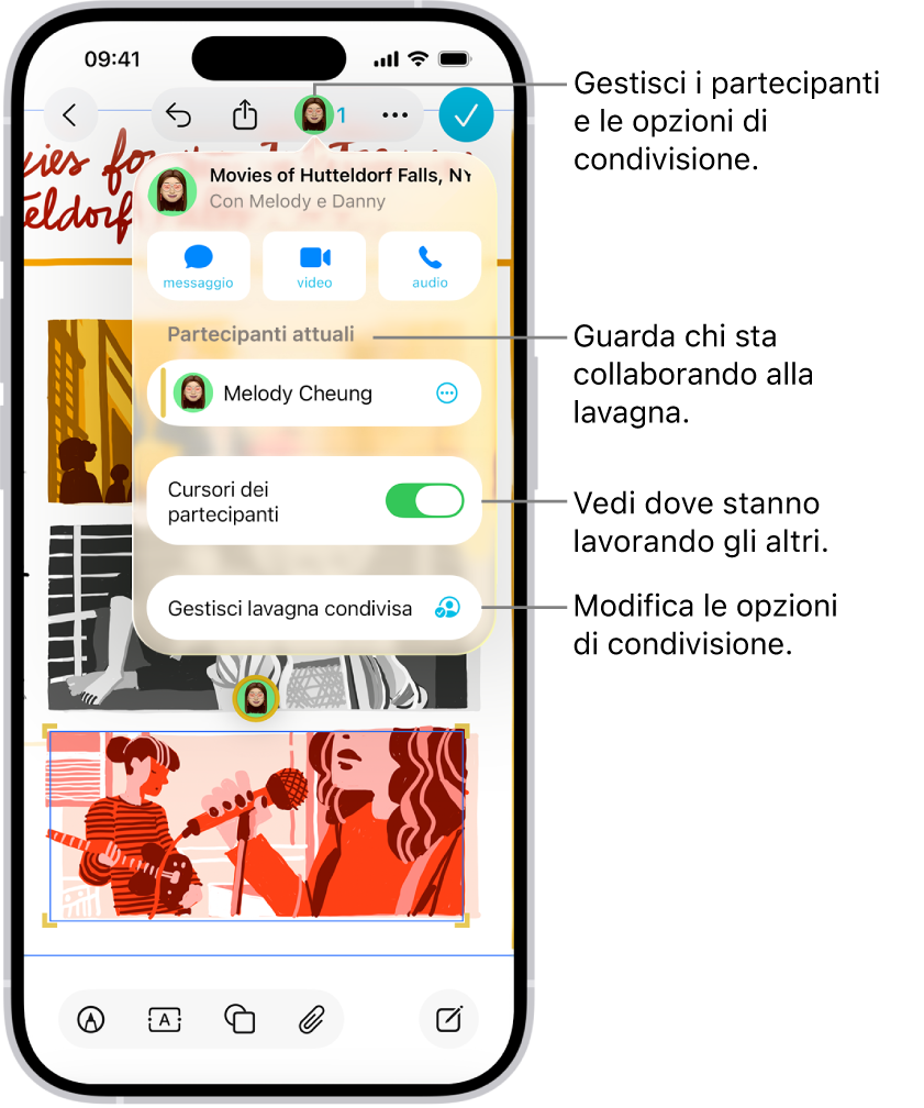 Una lavagna Freeform condivisa su iPhone con il menu Collaborazione visibile.