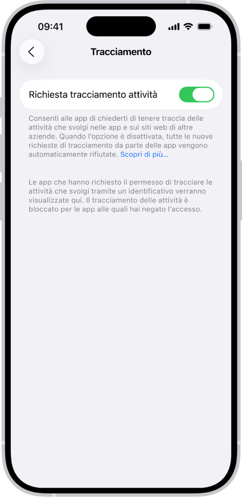 La schermata Tracciamento, con un’impostazione per controllare se le app possono chiederti di tracciare le attività che svolgi su siti web o app di terze parti.