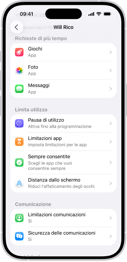 La schermata visualizzata da un bambino in un gruppo di “In famiglia”, con la sezione “Richieste di più tempo”.