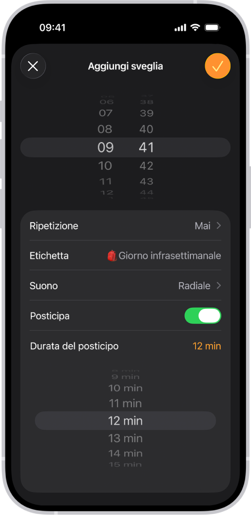 La schermata “Aggiungi sveglia” nell’app Orologio. L’opzione Posticipa è attiva e l’opzione “Durata del posticipo” è impostata su un intervallo personalizzato di 12 minuti.