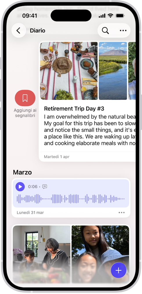 Una schermata nell’app Diario che mostra le annotazioni del diario. Una delle annotazione è stata fatta scorrere verso destra e mostra il pulsante Segnalibro.