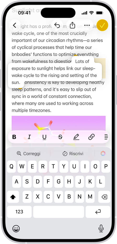 Nell’app Note è presente un documento aperto. Nella metà inferiore è presente la tastiera su schermo. Il testo selezionato si solleva dal documento per essere spostato in un’altra posizione.