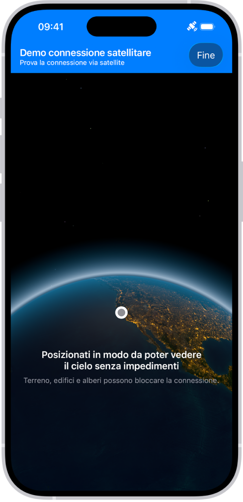 La demo della connessione satellitare, disponibile nell’app Impostazioni, offre un’anteprima di ciò che viene visualizzato quando apri l’app Messaggi su iPhone 14 o modelli successivi e non hai copertura cellulare o Wi-Fi.