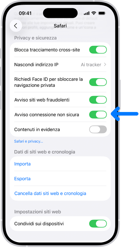 Il controllo “Avviso connessione non sicura”, che si trova sotto “Privacy e sicurezza” nella schermata Safari di Impostazioni.