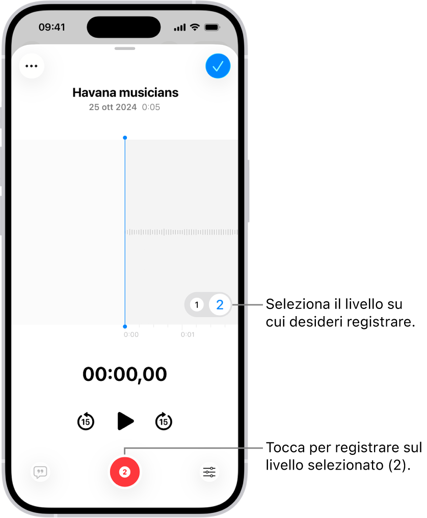 La schermata per registrare un secondo livello in Memo Vocali.