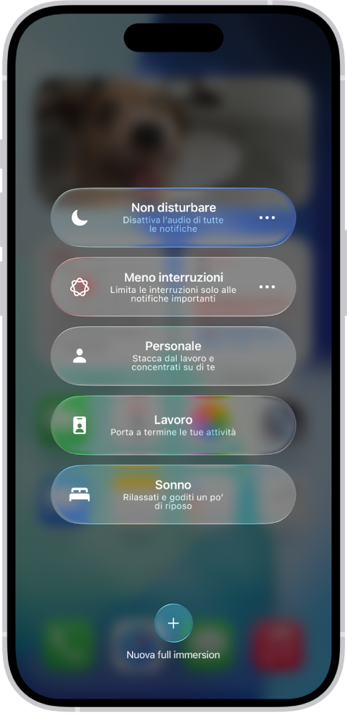 Centro di Controllo che mostra le opzioni delle full immersion, con pulsanti per impostarne la durata.