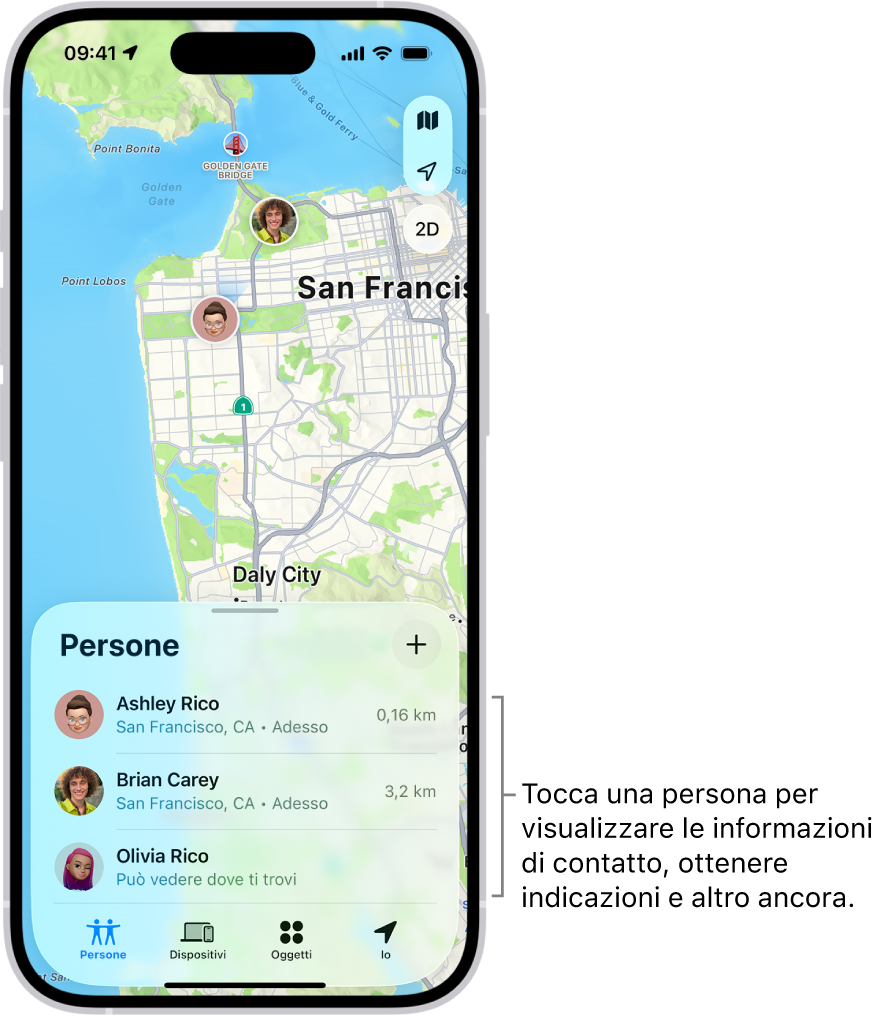 La schermata di Dov’è aperta sull’elenco Persone. Nell’elenco sono visibili quattro persone: Olivia Ricci, Daria Riccardi, Alice Ricci e Guglielmo Ricci. Tocca il pulsante Aggiungi in cima all’elenco Persone per condividere la tua posizione.