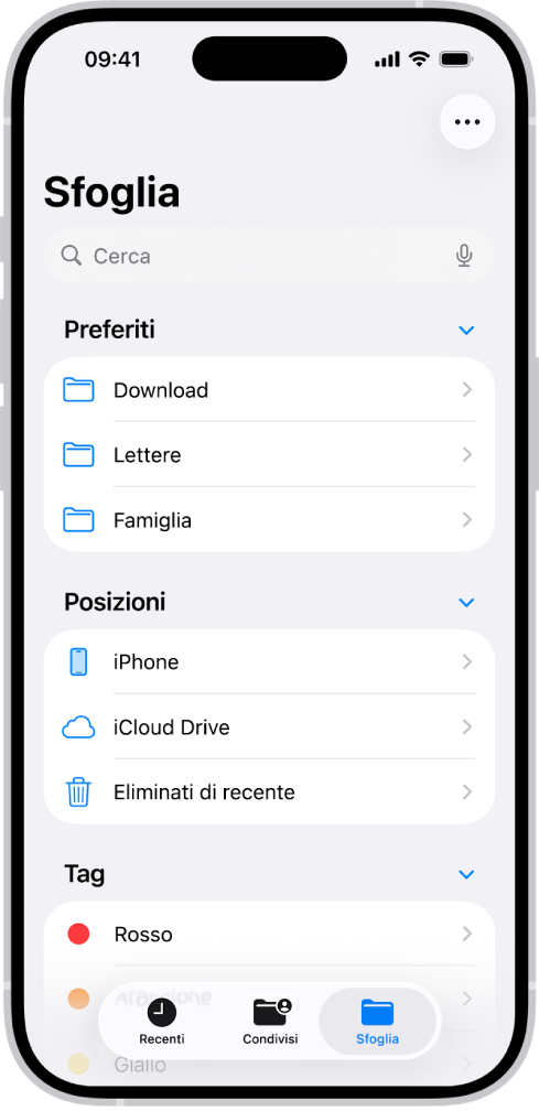 L’app File che mostra diverse cartelle e posizioni chiamati Download, Lettere, Famiglia e così via. Nella parte inferiore dello schermo sono presenti i pannelli Recenti, Condivisi e Sfoglia.
